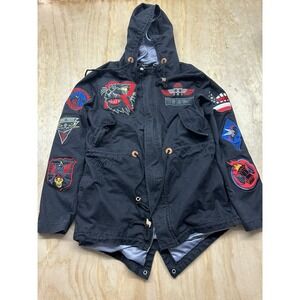 Reason Parka Jacket Black M Mens Streetwear Patches Hooded Military Bomber